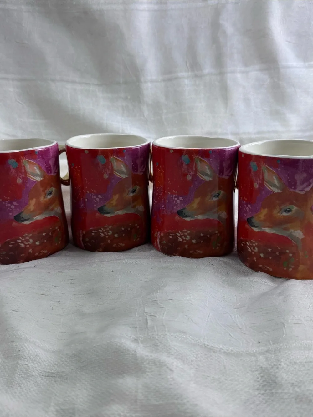 Anthropologie Deer Ceramic Mug Set in Pink and Red